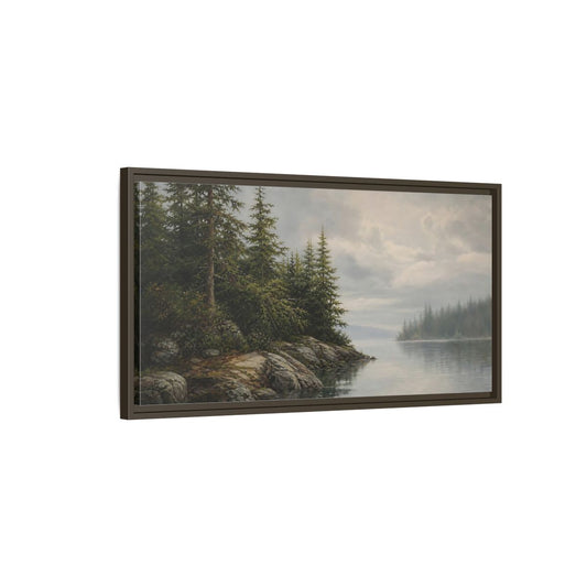Main Mockup. Misty Pine Shoreline shown as framed canvas print