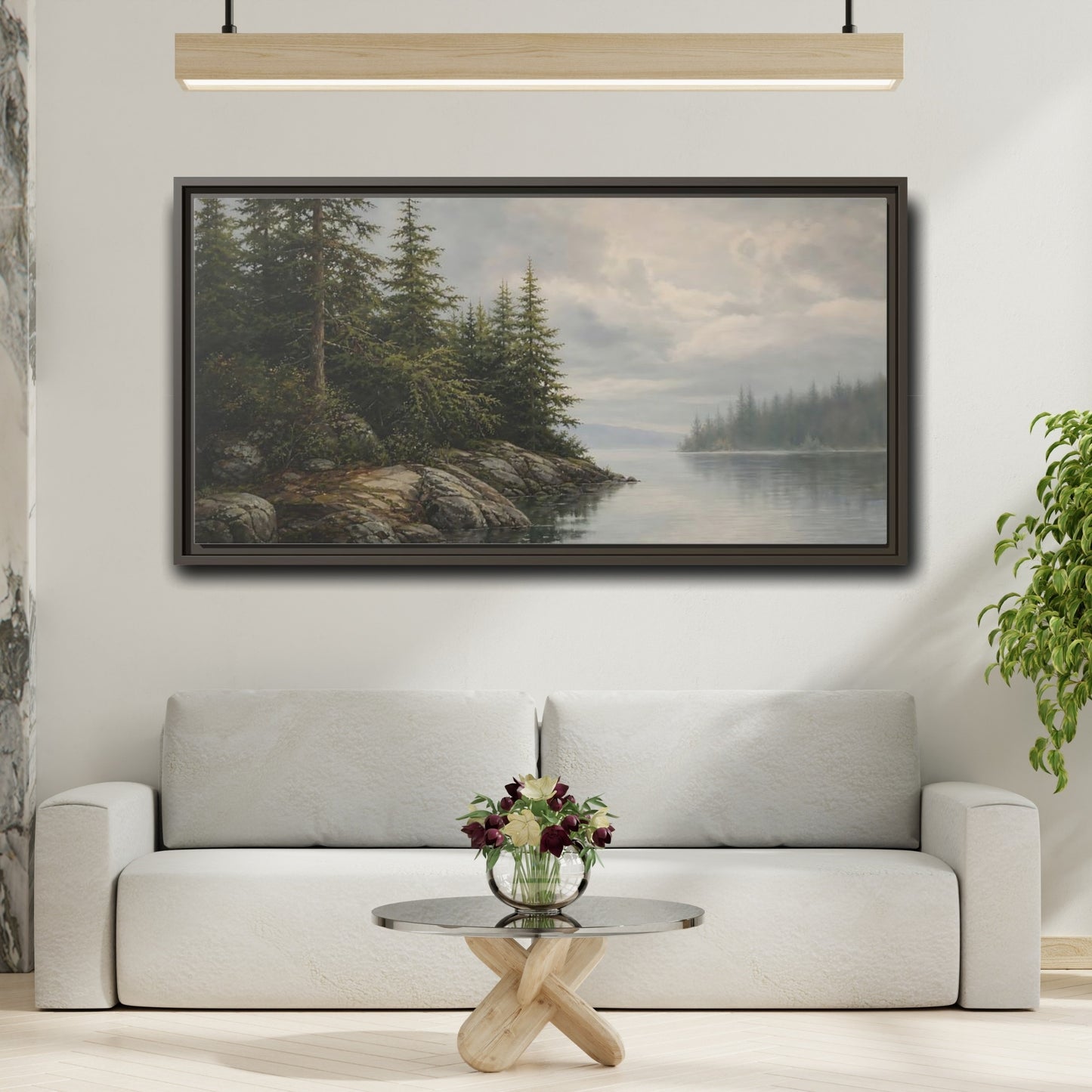 Mockup 2. Misty Pine Shoreline shown as framed canvas print