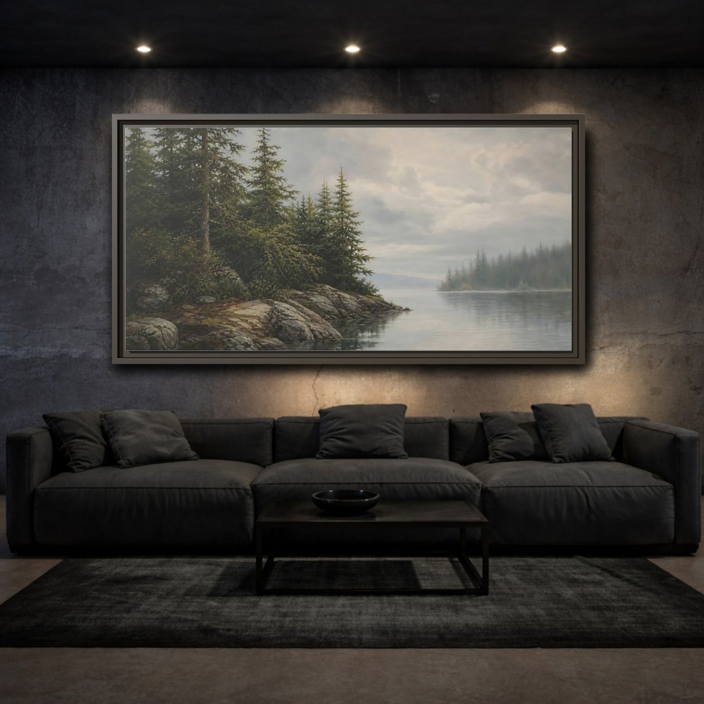 Mockup 3. Misty Pine Shoreline shown as framed canvas print