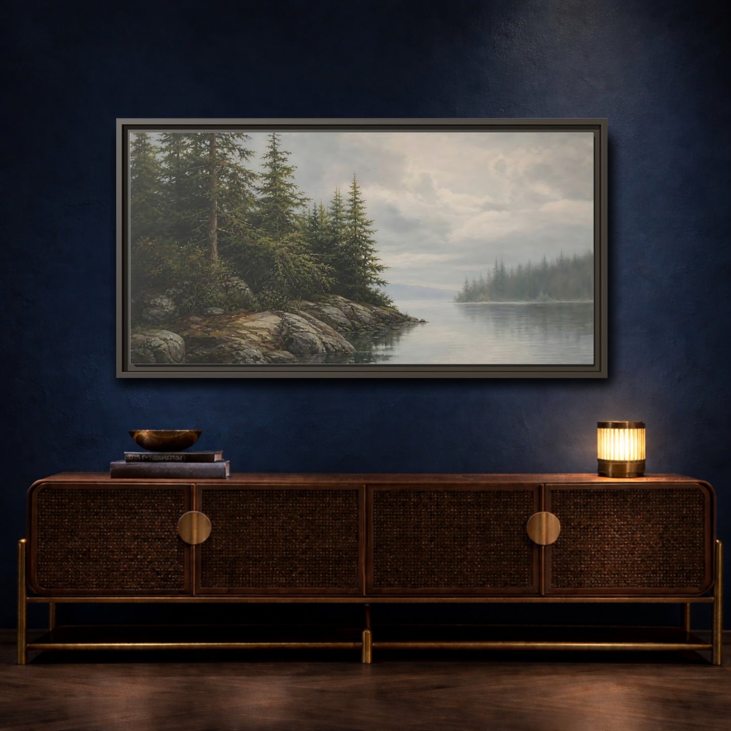 Mockup 4. Misty Pine Shoreline shown as framed canvas print
