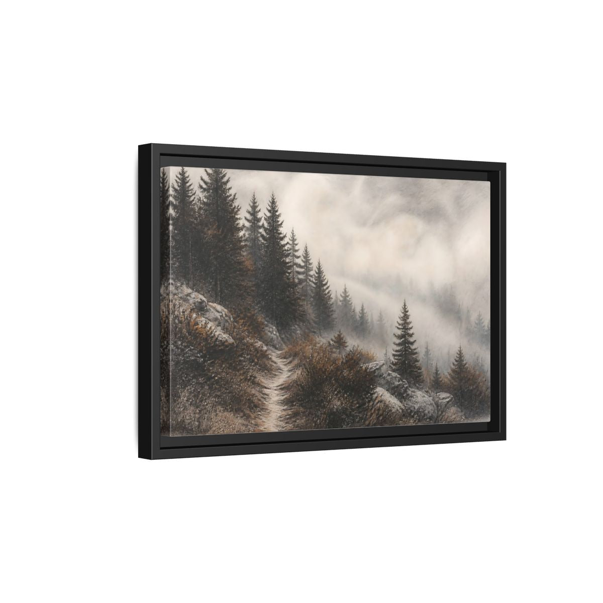 Side Mockup 6. Misty Pine Trail shown as framed canvas print