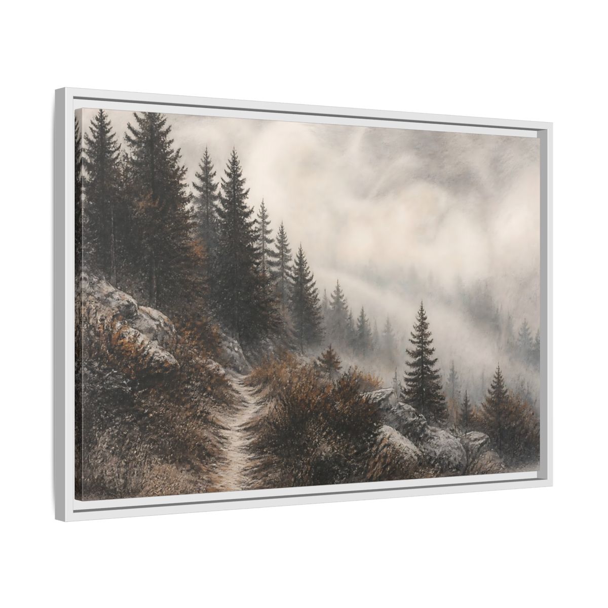 Side Mockup 10. Misty Pine Trail shown as framed canvas print