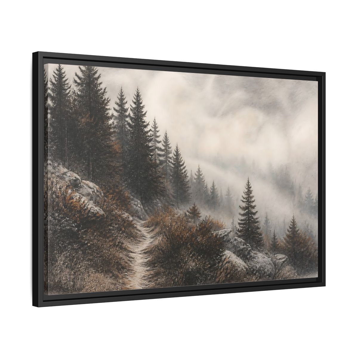 Side Mockup 14. Misty Pine Trail shown as framed canvas print