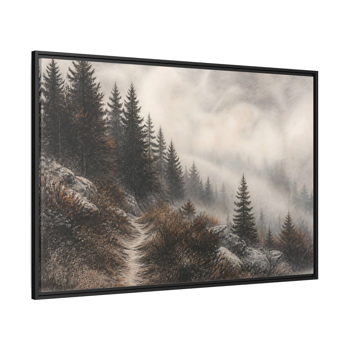 Side Mockup 12. Misty Pine Trail shown as framed canvas print