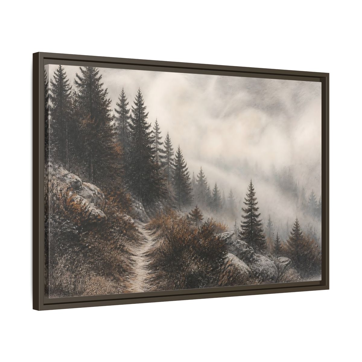 Side Mockup 11. Misty Pine Trail shown as framed canvas print