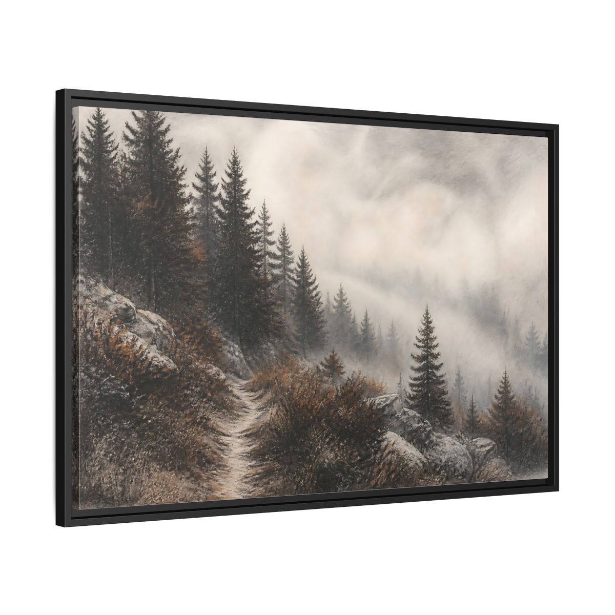 Side Mockup 13. Misty Pine Trail shown as framed canvas print
