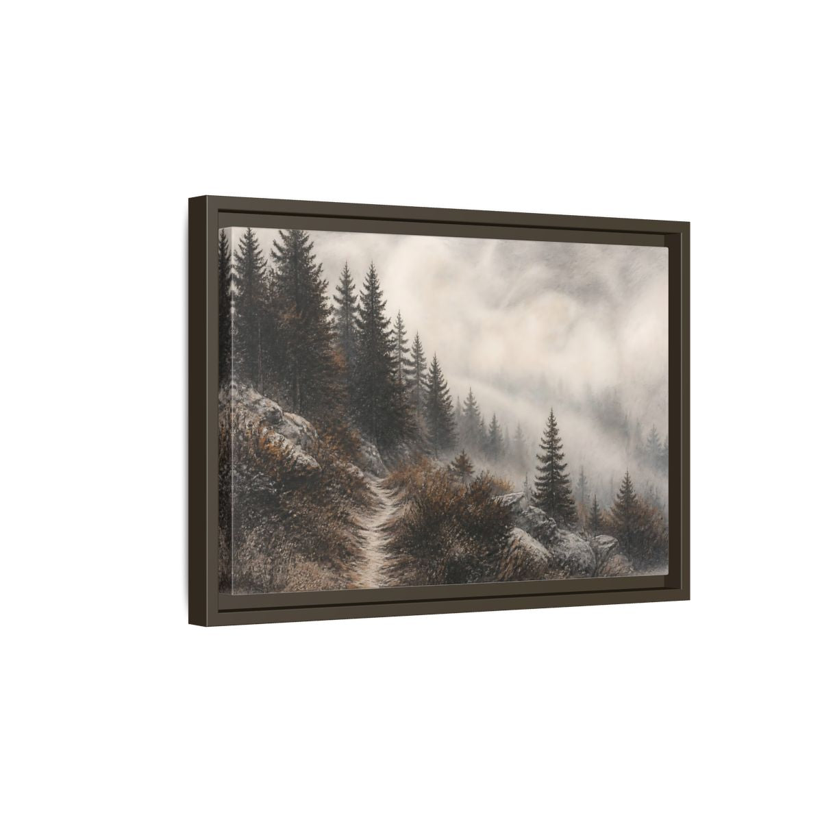 Side Mockup 5. Misty Pine Trail shown as framed canvas print