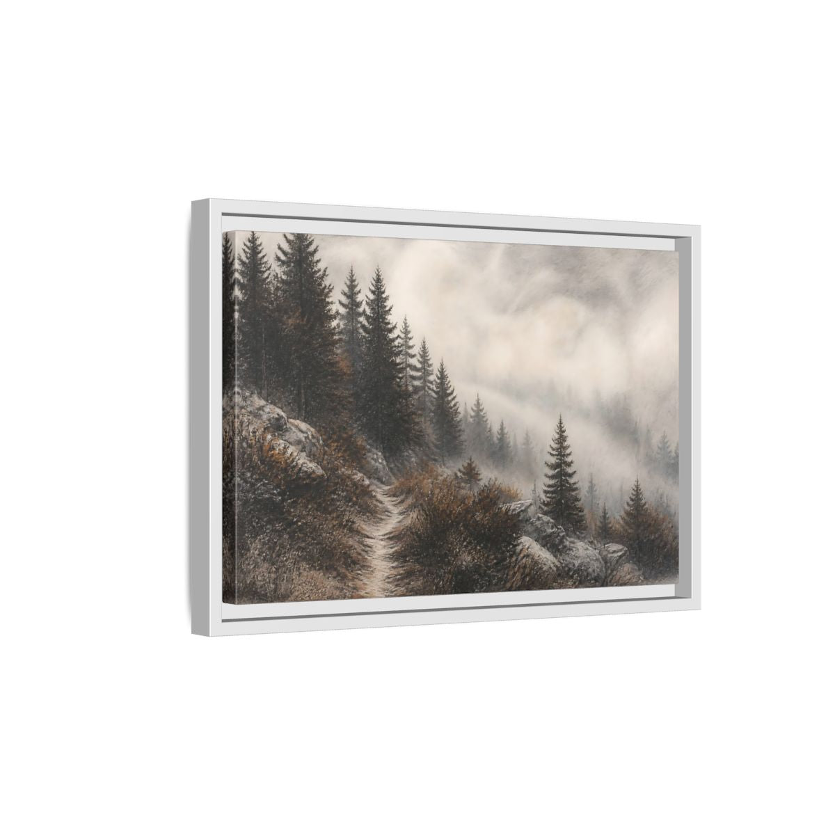 Side Mockup 4. Misty Pine Trail shown as framed canvas print
