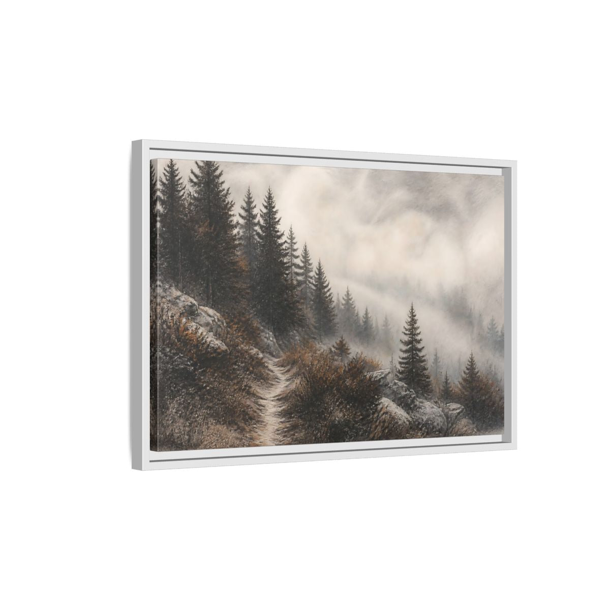 Side Mockup 1. Misty Pine Trail shown as framed canvas print