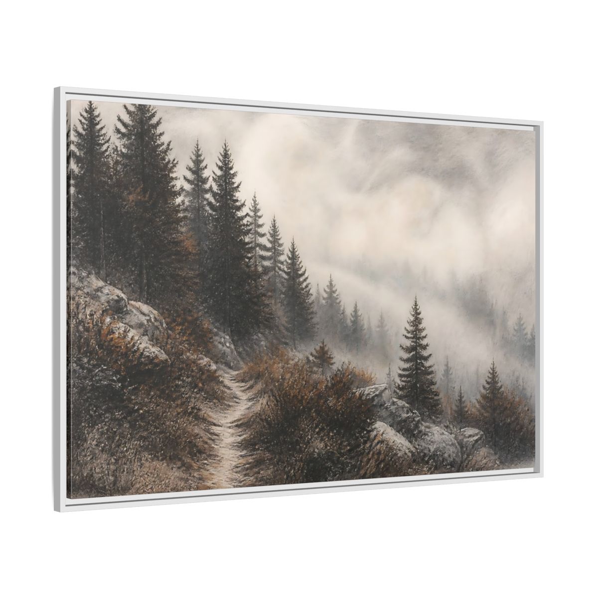 Side Mockup 7. Misty Pine Trail shown as framed canvas print