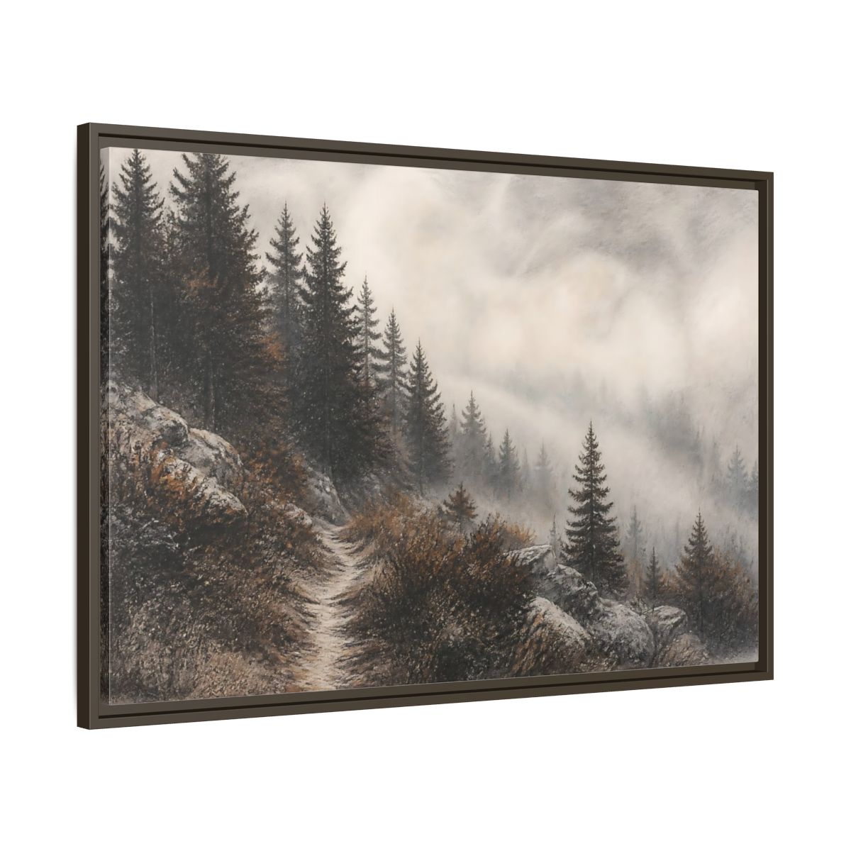 Main Mockup. Misty Pine Trail shown as framed canvas print