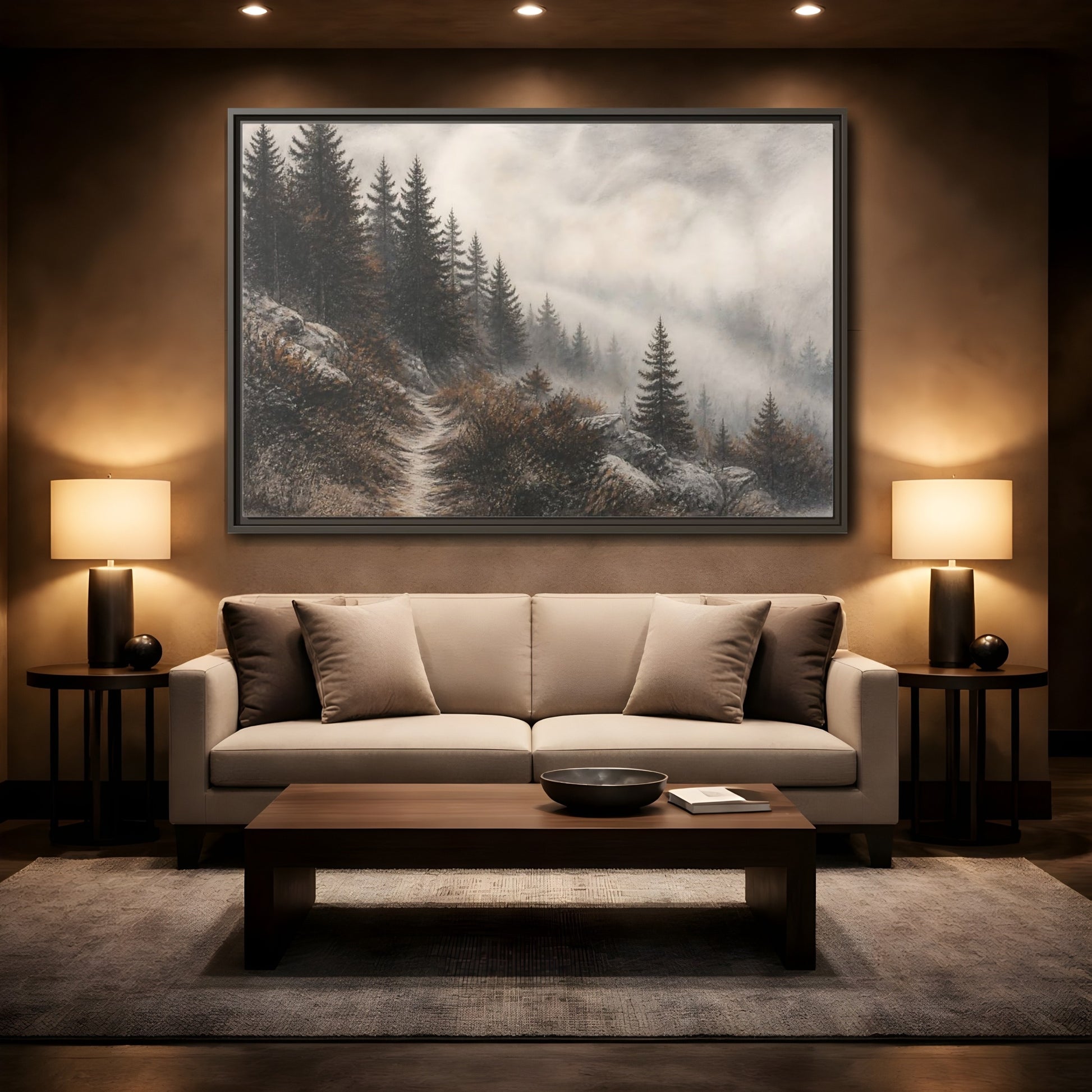 Mockup 2. Misty Pine Trail shown as framed canvas print
