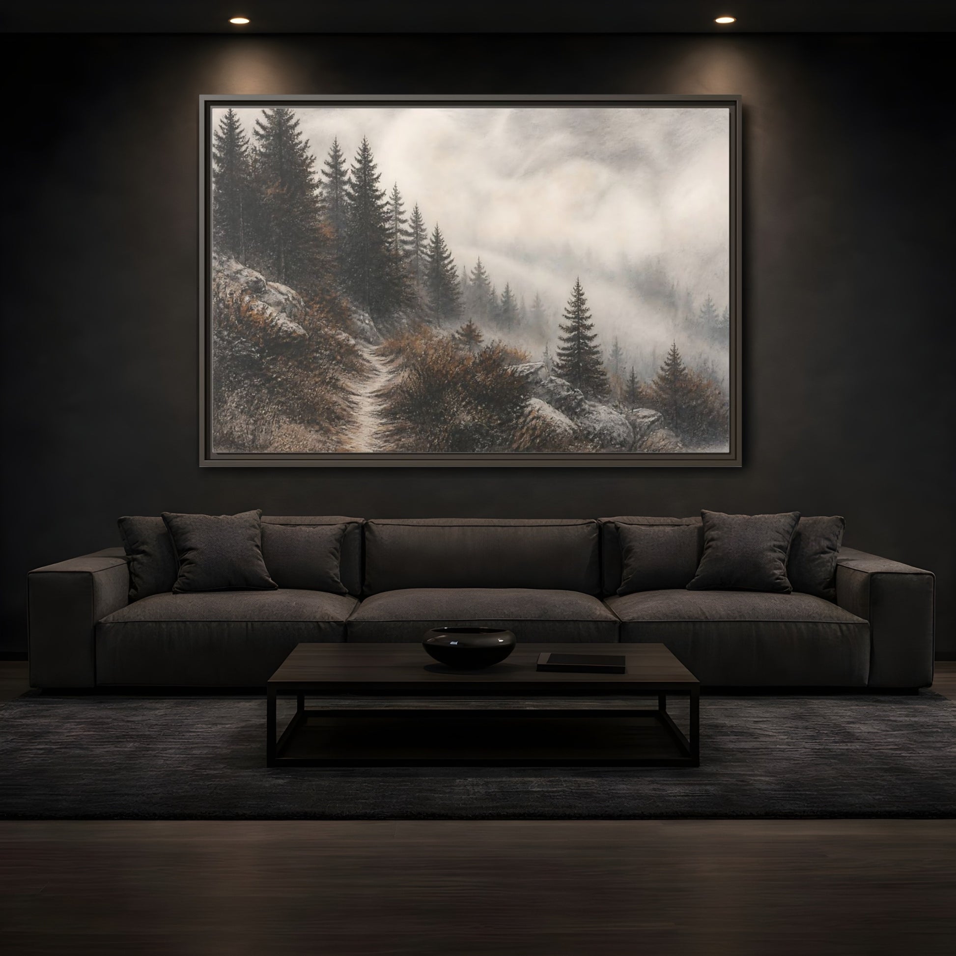 Mockup 3. Misty Pine Trail shown as framed canvas print