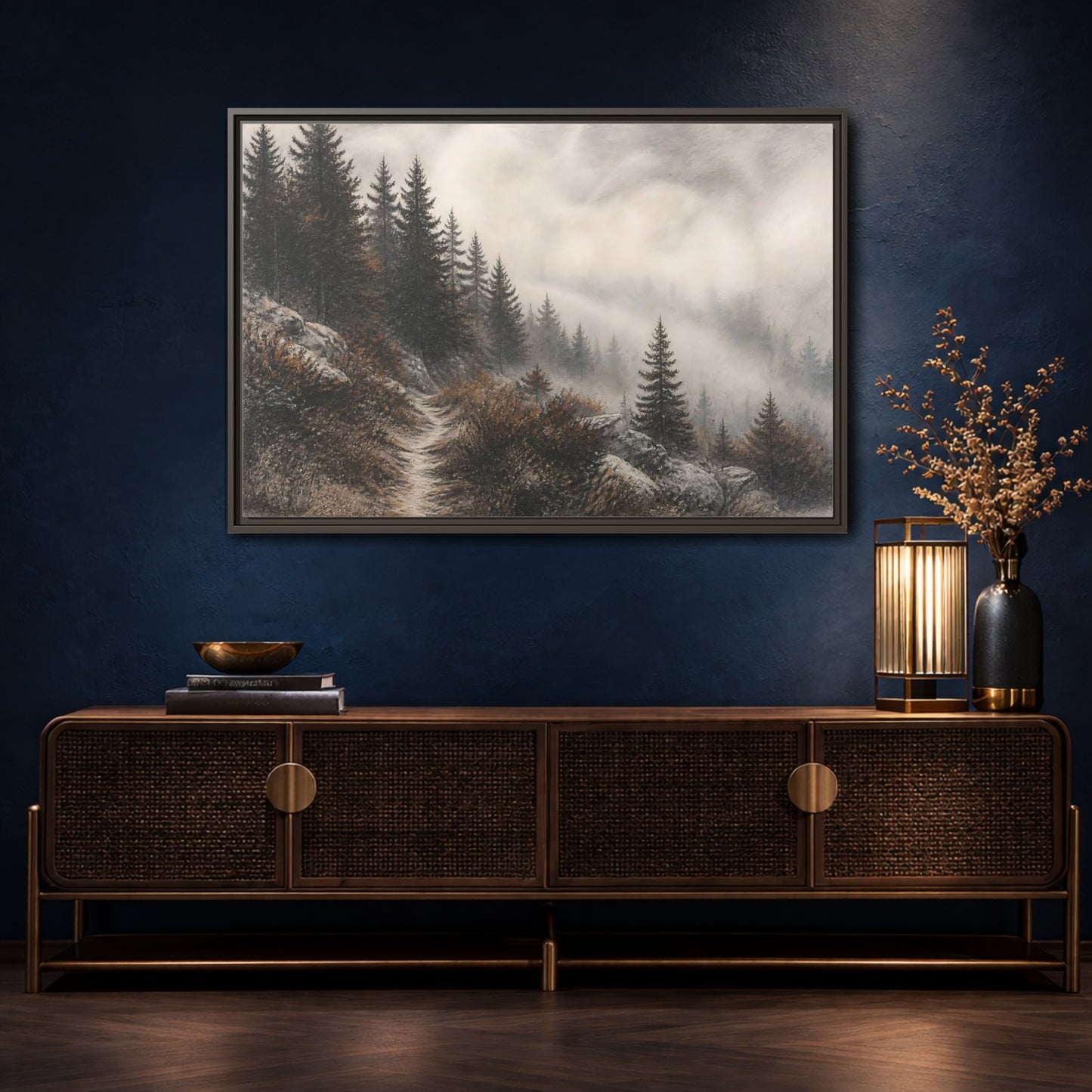 Mockup 4. Misty Pine Trail shown as framed canvas print