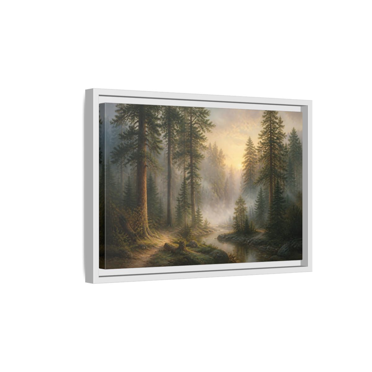 Side Mockup 4. Misty Pines At Dawn shown as framed canvas print