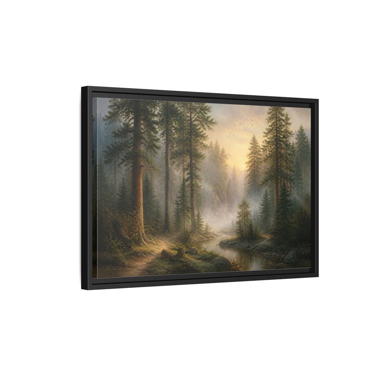 Side Mockup 3. Misty Pines At Dawn shown as framed canvas print