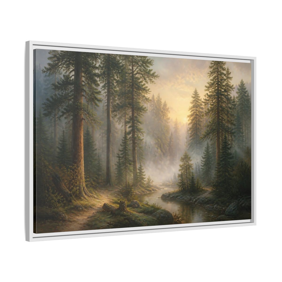 Side Mockup 9. Misty Pines At Dawn shown as framed canvas print