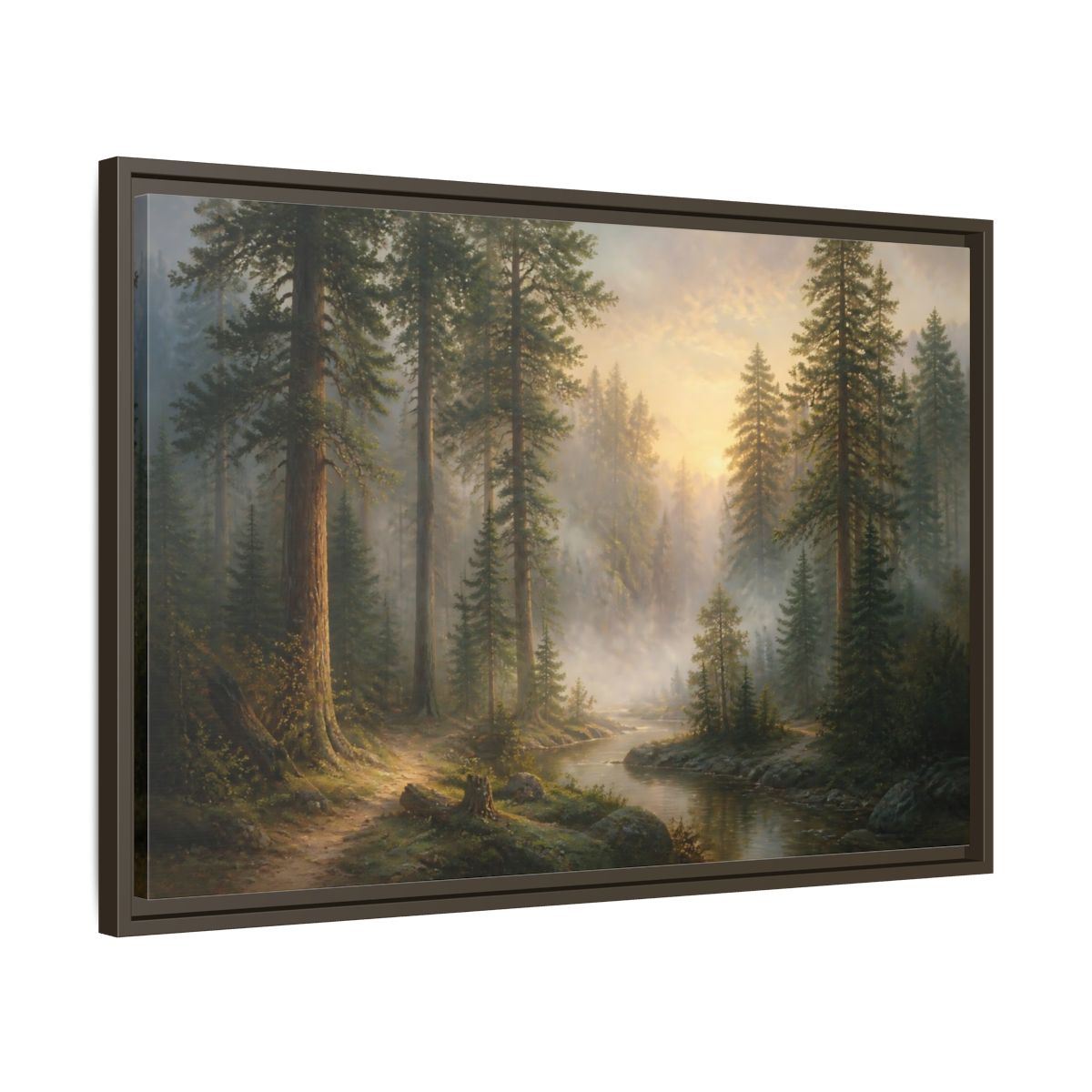 Side Mockup 11. Misty Pines At Dawn shown as framed canvas print