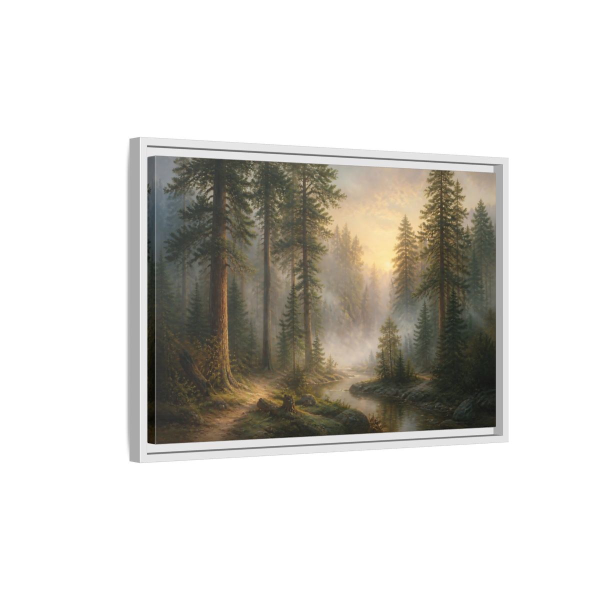Side Mockup 1. Misty Pines At Dawn shown as framed canvas print
