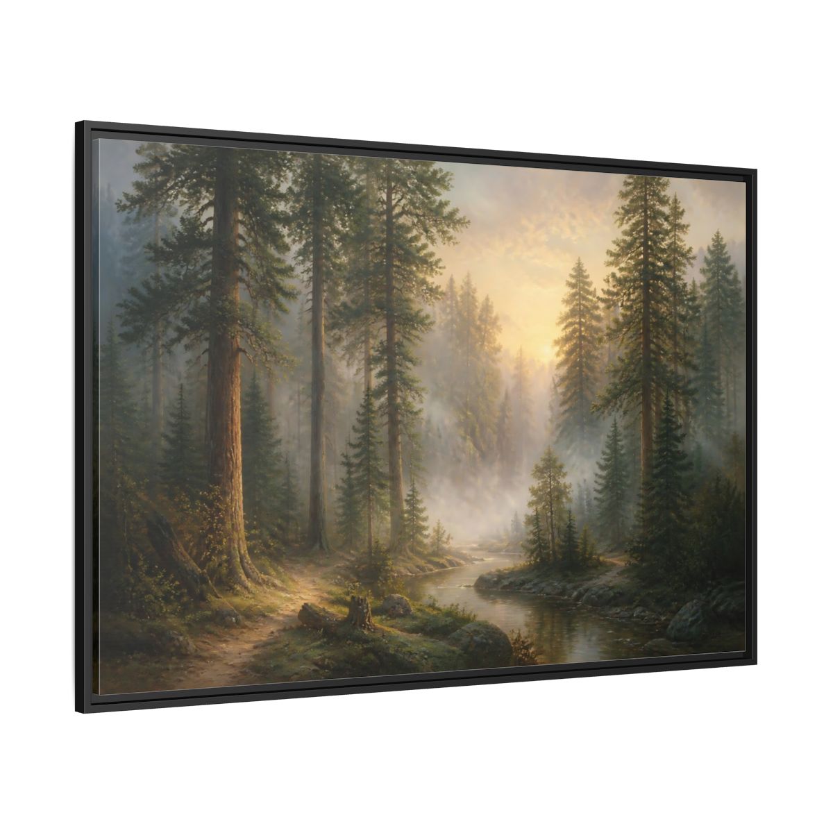 Side Mockup 12. Misty Pines At Dawn shown as framed canvas print