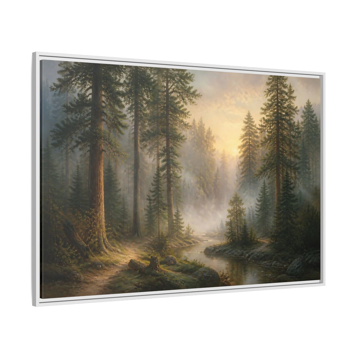 Side Mockup 7. Misty Pines At Dawn shown as framed canvas print