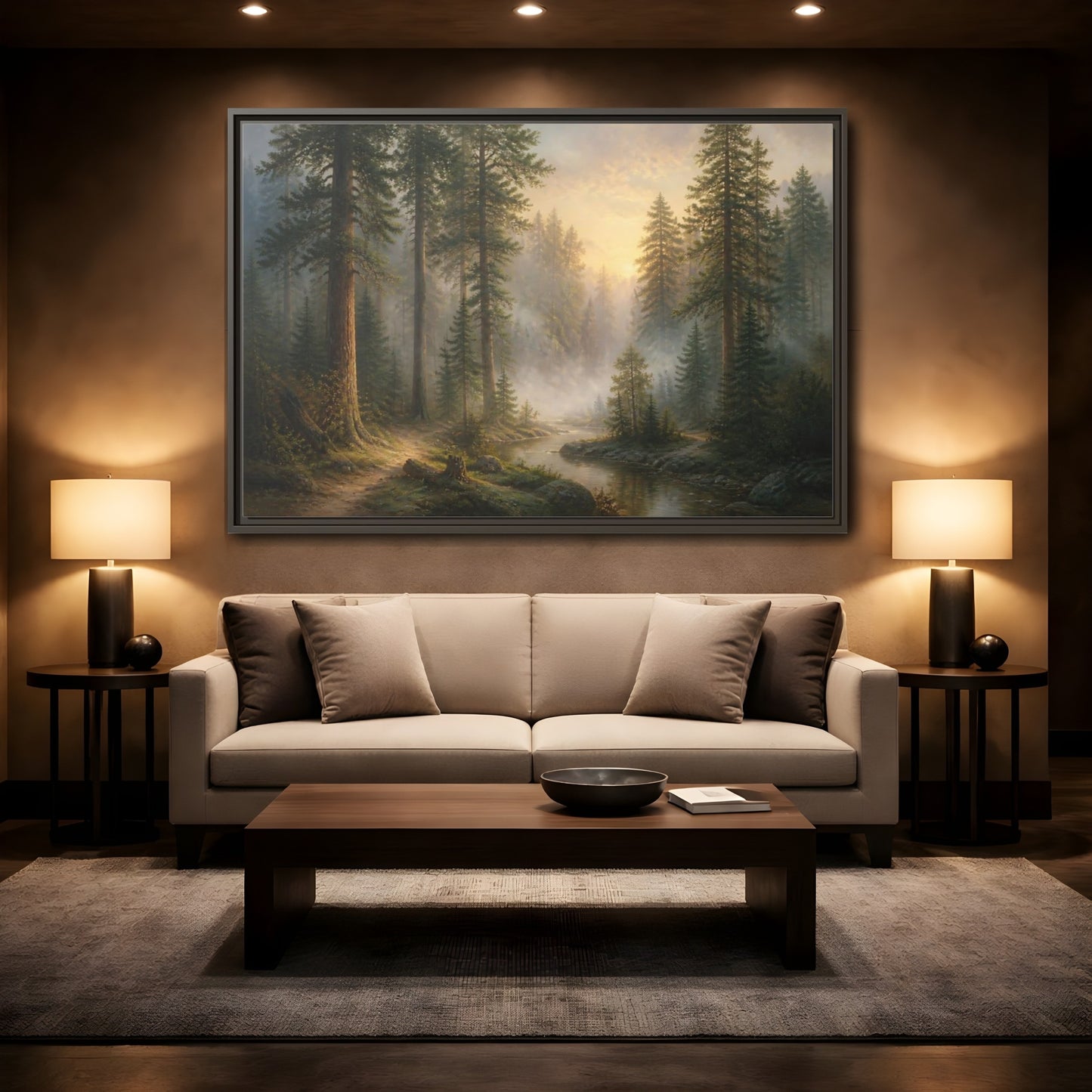 Mockup 2. Misty Pines At Dawn shown as framed canvas print