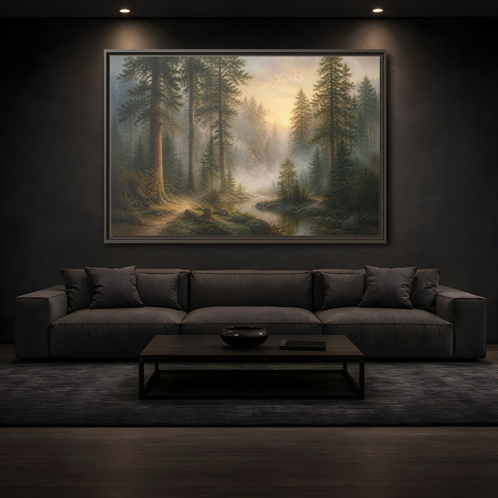 Mockup 3. Misty Pines At Dawn shown as framed canvas print