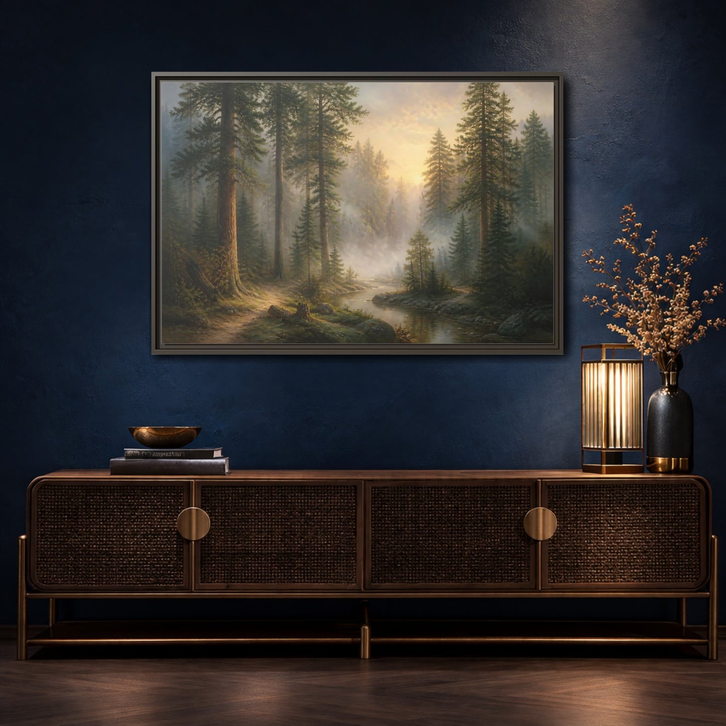 Mockup 4. Misty Pines At Dawn shown as framed canvas print