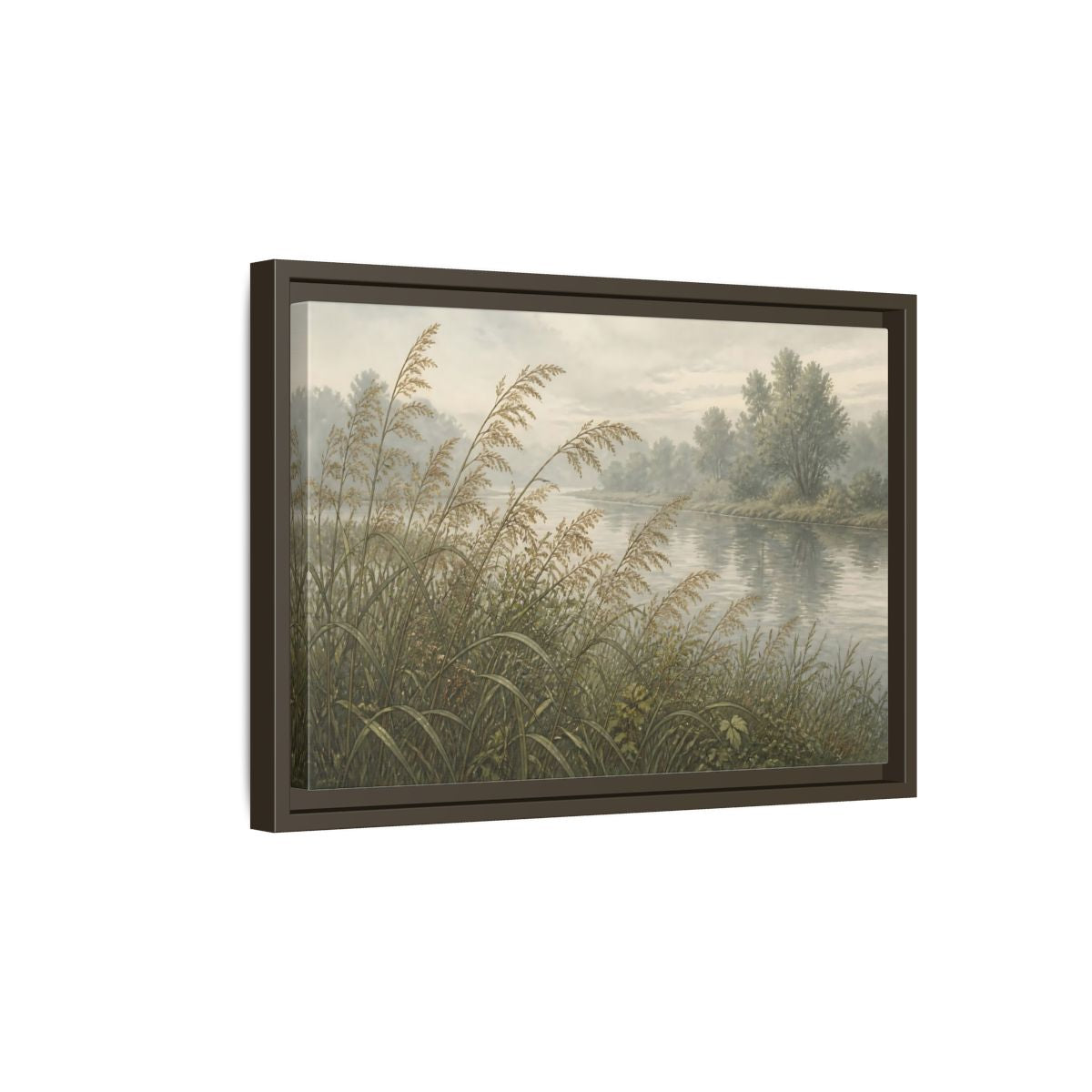 Side Mockup 5. Misty Riverbank Reeds shown as framed canvas print