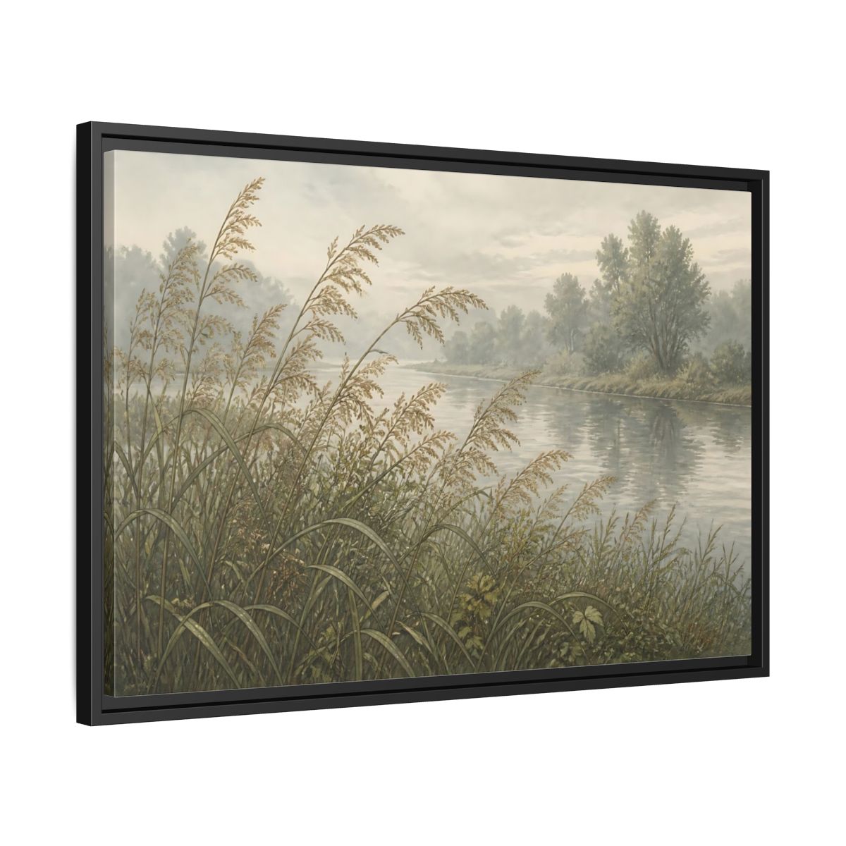 Side Mockup 14. Misty Riverbank Reeds shown as framed canvas print