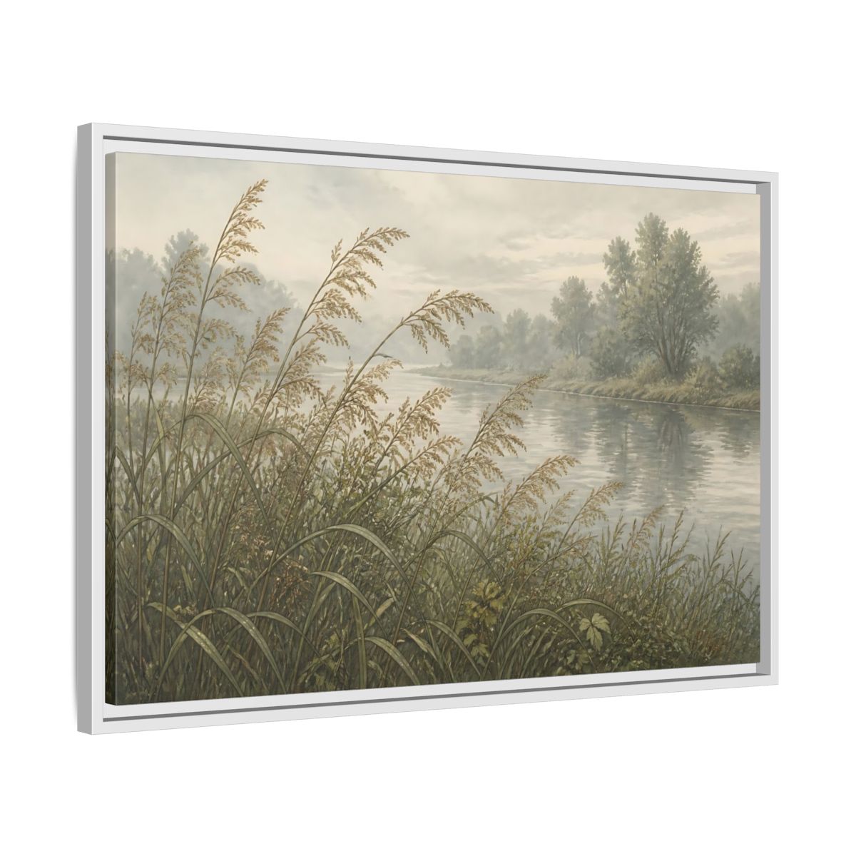 Side Mockup 10. Misty Riverbank Reeds shown as framed canvas print