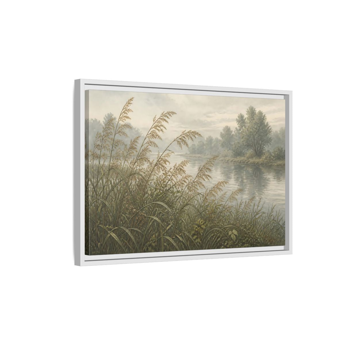 Side Mockup 1. Misty Riverbank Reeds shown as framed canvas print