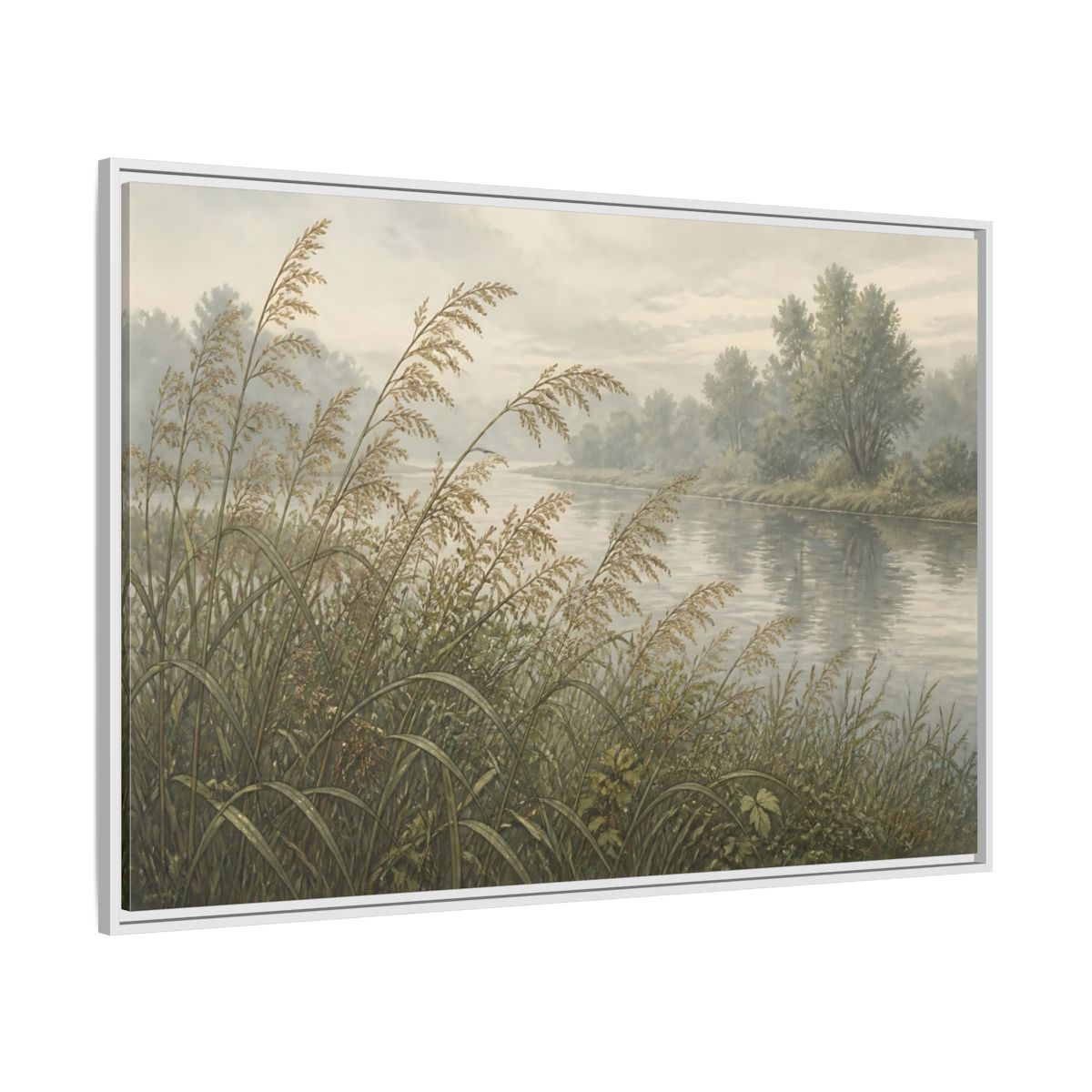 Side Mockup 7. Misty Riverbank Reeds shown as framed canvas print