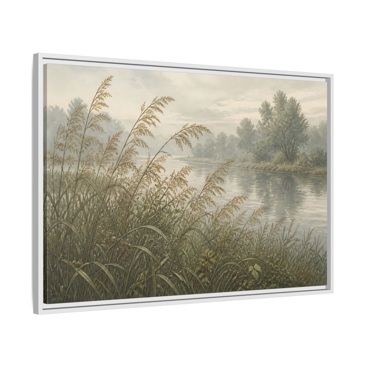 Side Mockup 9. Misty Riverbank Reeds shown as framed canvas print