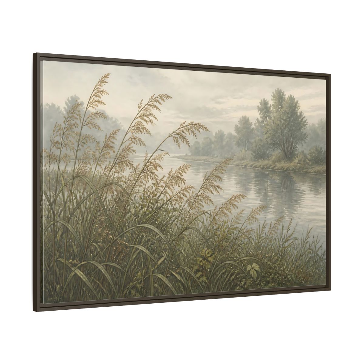Side Mockup 8. Misty Riverbank Reeds shown as framed canvas print