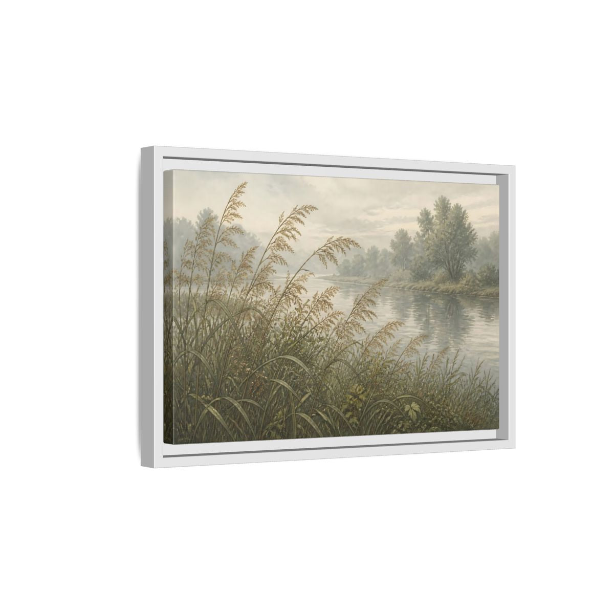 Side Mockup 4. Misty Riverbank Reeds shown as framed canvas print