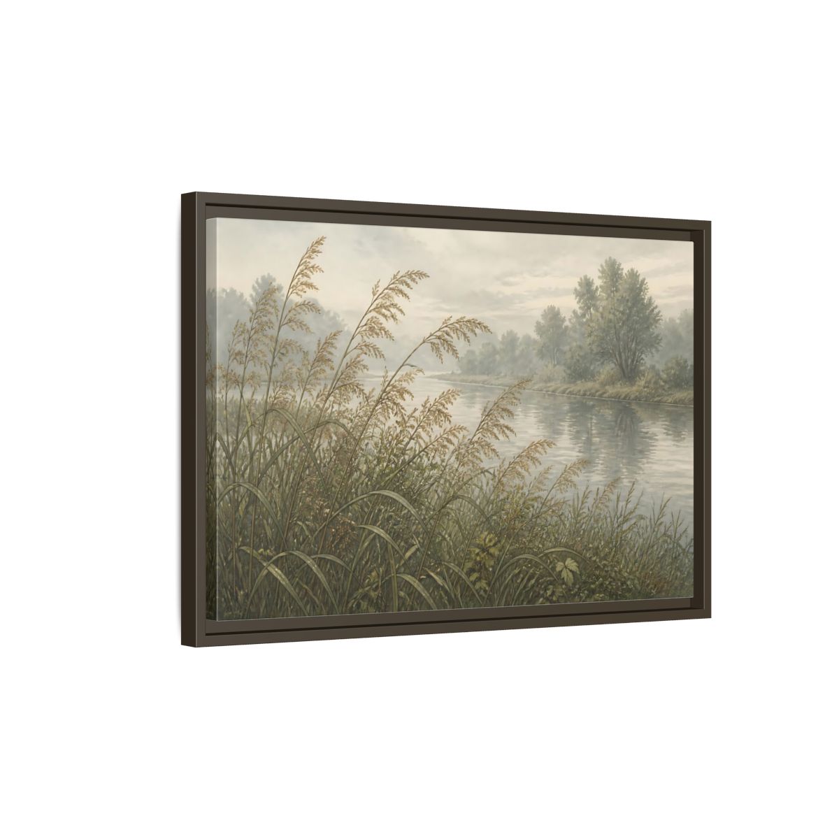Side Mockup 2. Misty Riverbank Reeds shown as framed canvas print