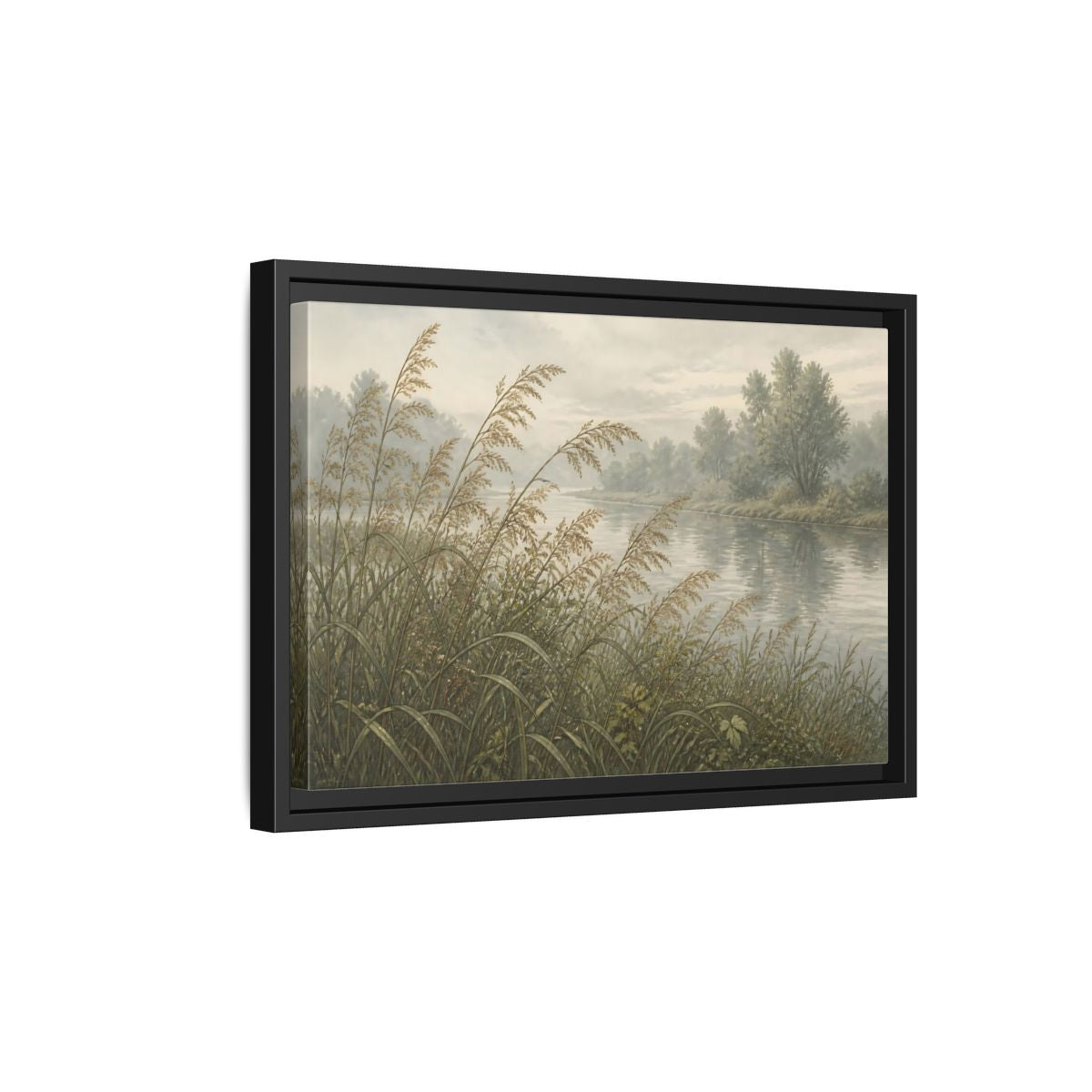Side Mockup 6. Misty Riverbank Reeds shown as framed canvas print