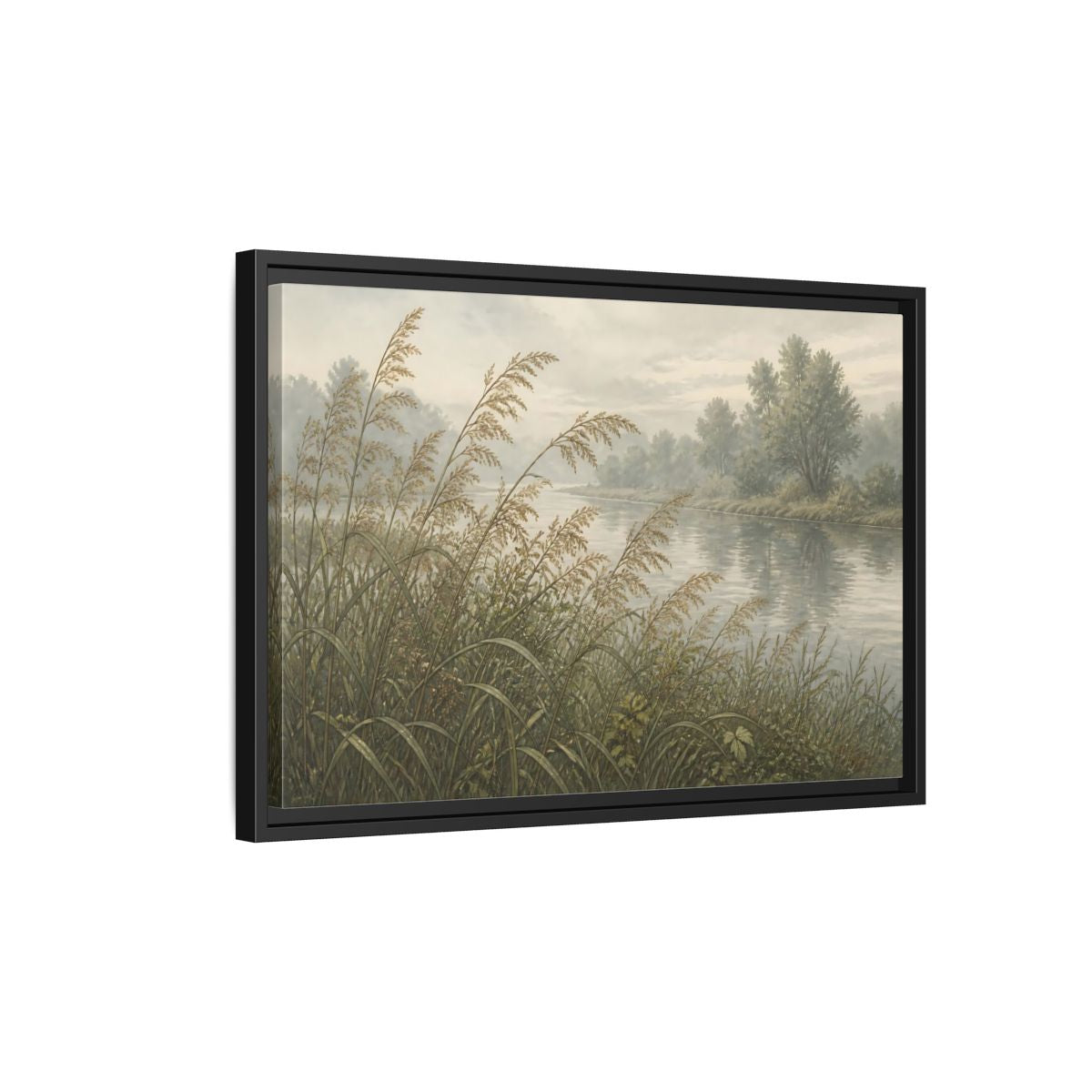 Side Mockup 3. Misty Riverbank Reeds shown as framed canvas print