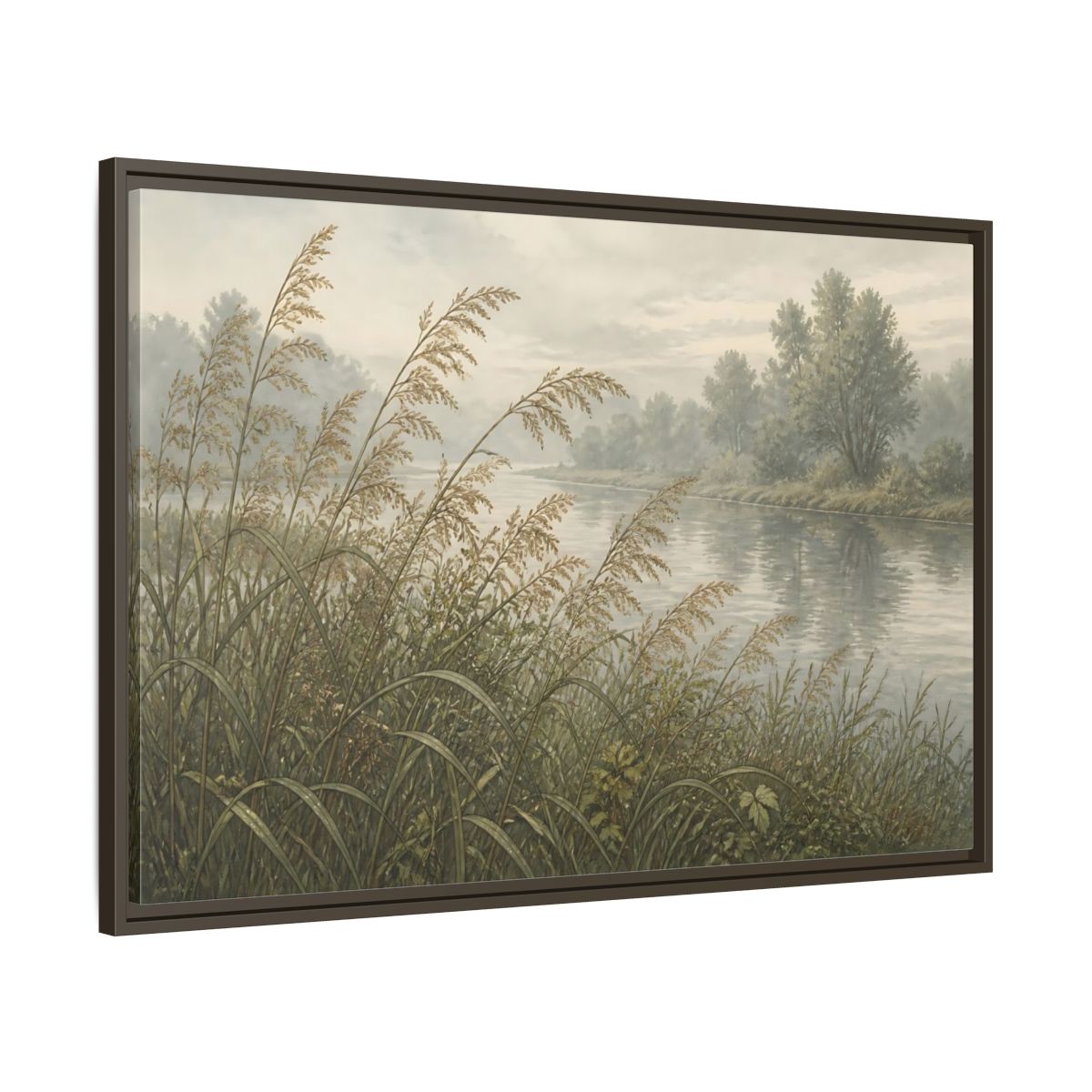 Main Mockup. Misty Riverbank Reeds shown as framed canvas print