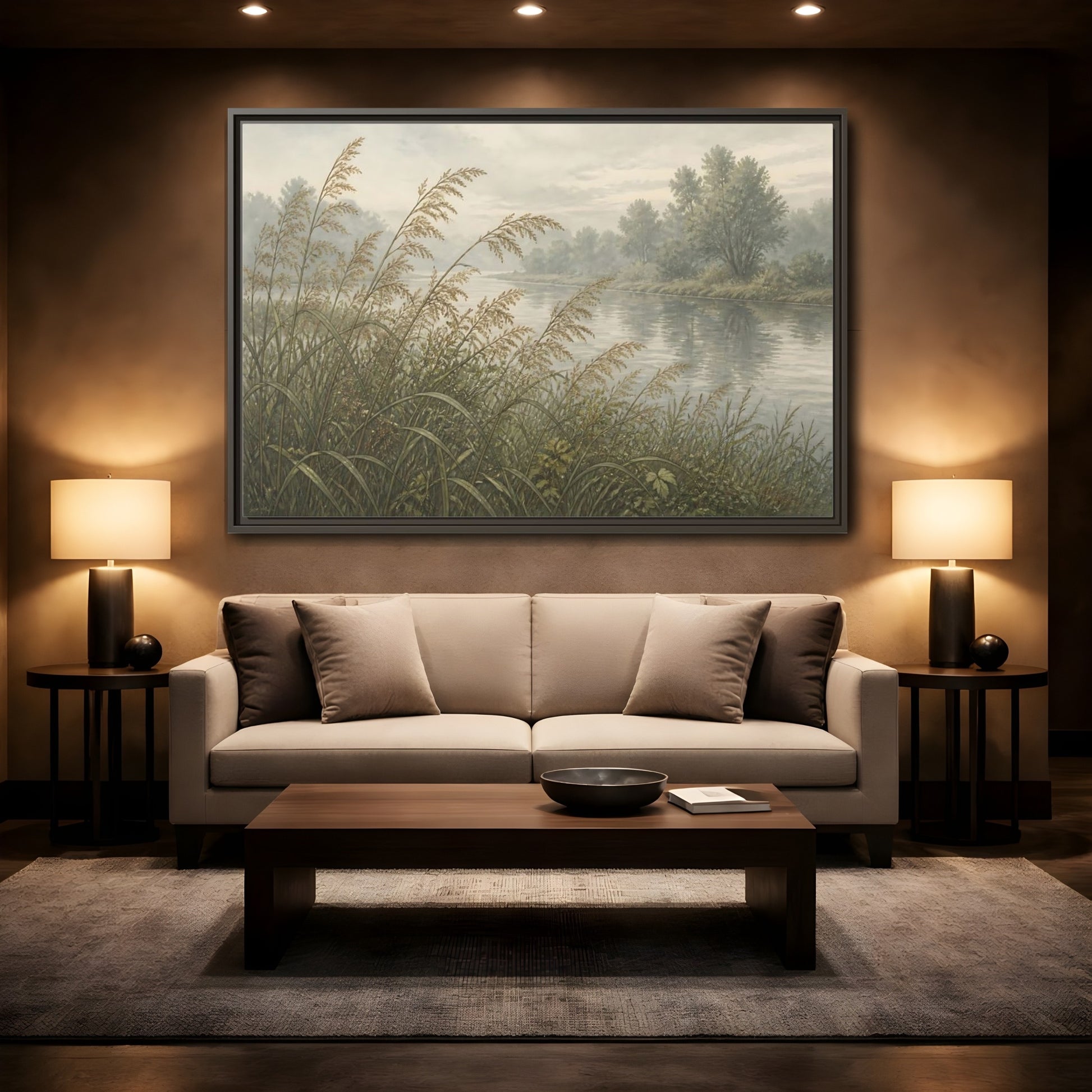 Mockup 2. Misty Riverbank Reeds shown as framed canvas print