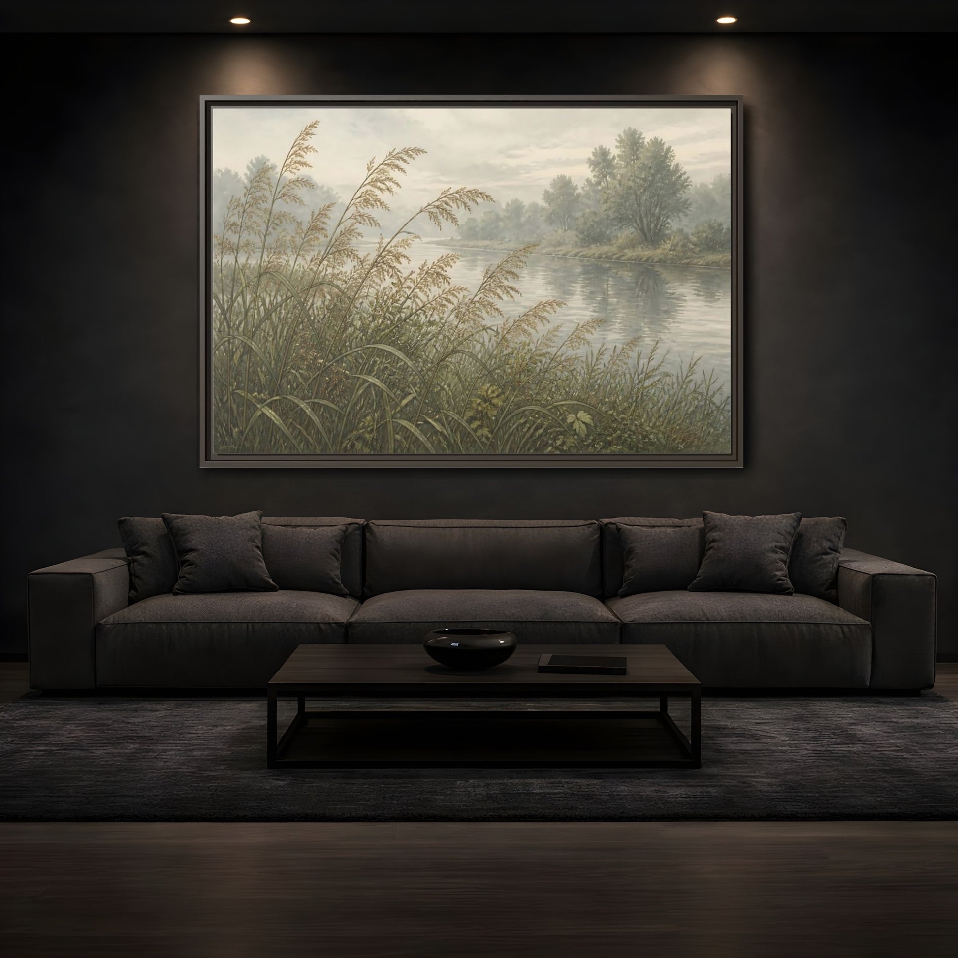 Mockup 3. Misty Riverbank Reeds shown as framed canvas print