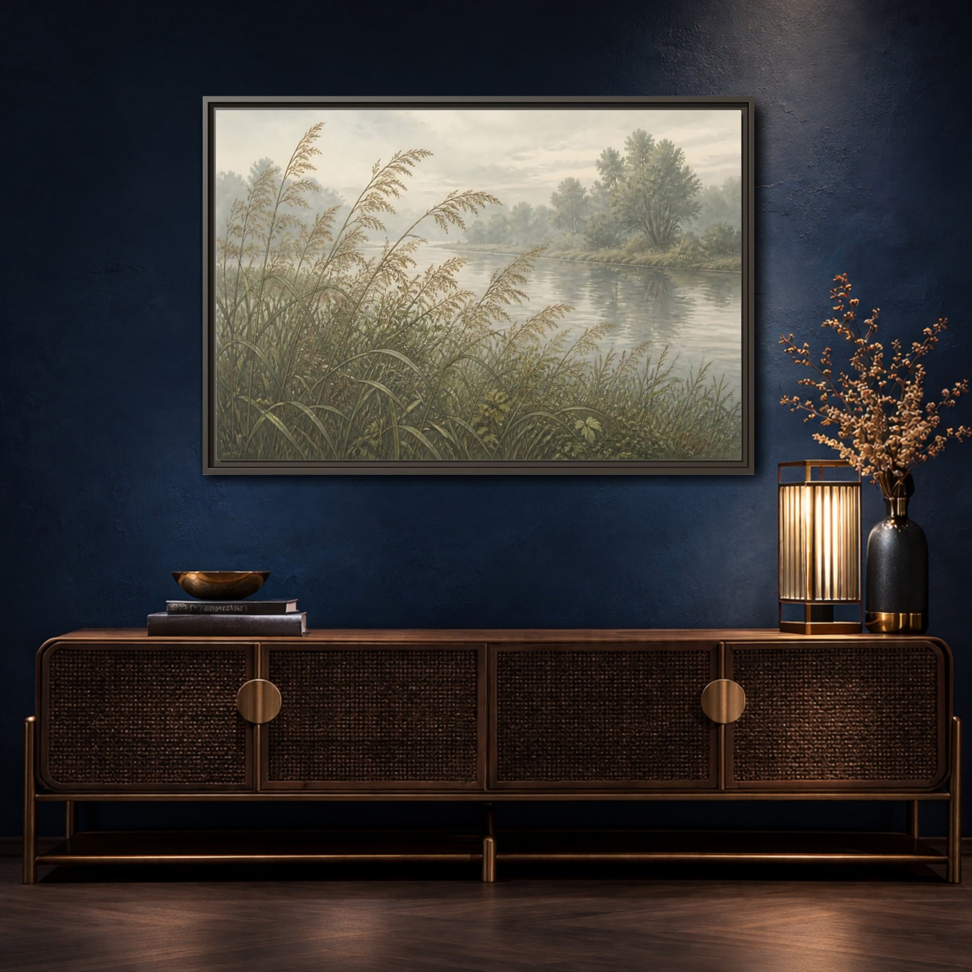 Mockup 4. Misty Riverbank Reeds shown as framed canvas print