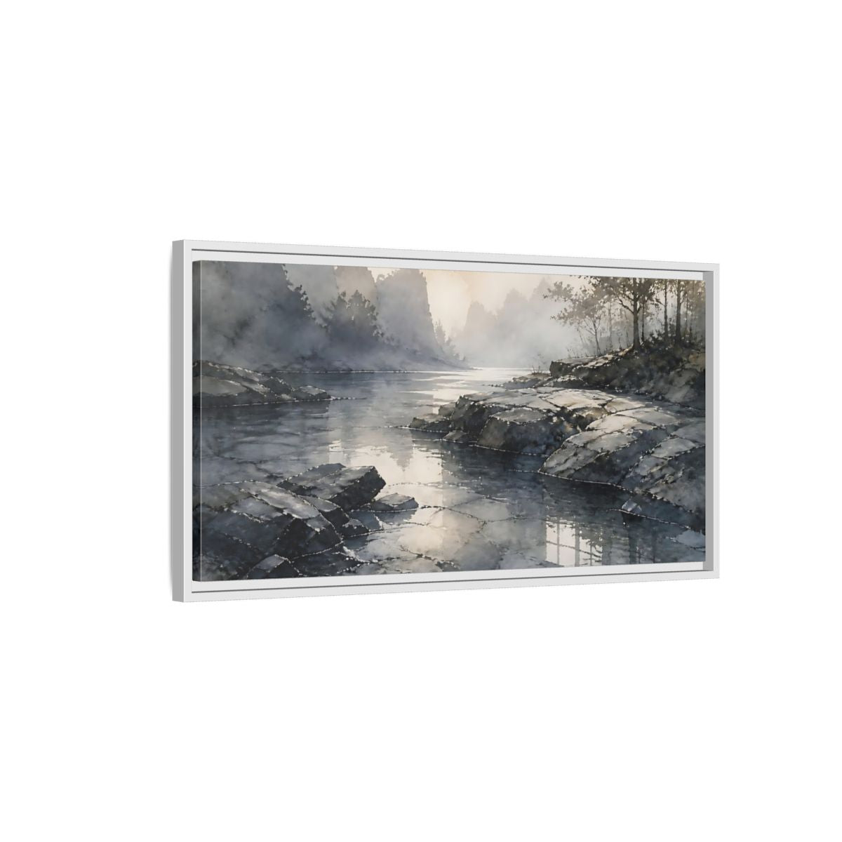 Side Mockup 1. Misty Rock Shoreline shown as framed canvas print