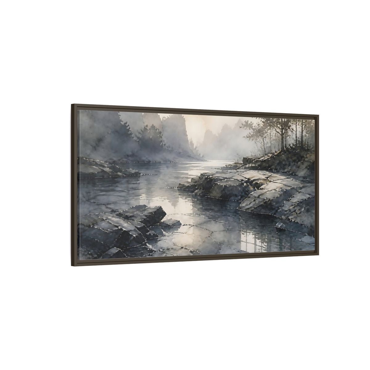Side Mockup 4. Misty Rock Shoreline shown as framed canvas print