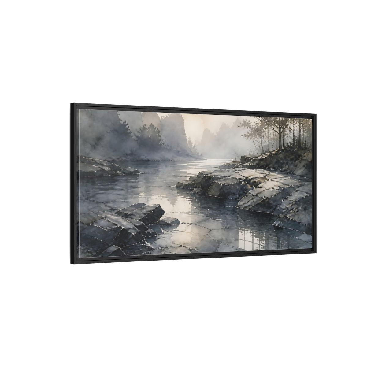 Side Mockup 5. Misty Rock Shoreline shown as framed canvas print