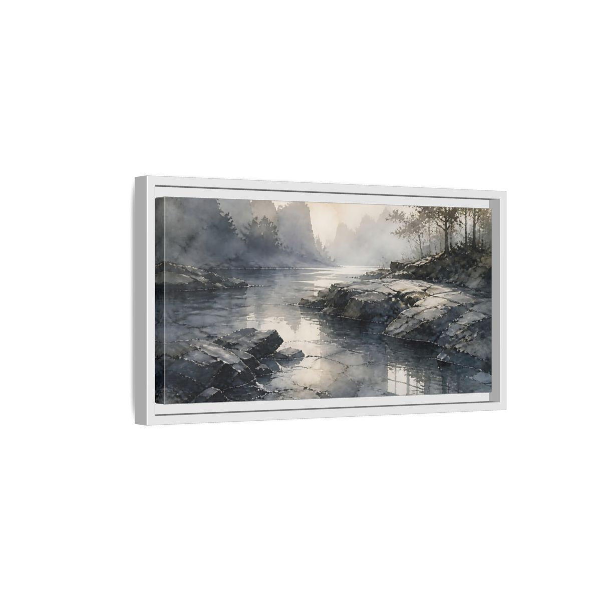 Side Mockup 6. Misty Rock Shoreline shown as framed canvas print