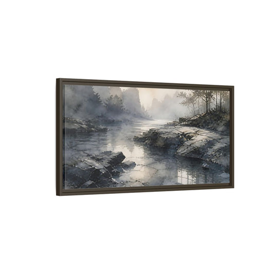 Main Mockup. Misty Rock Shoreline shown as framed canvas print