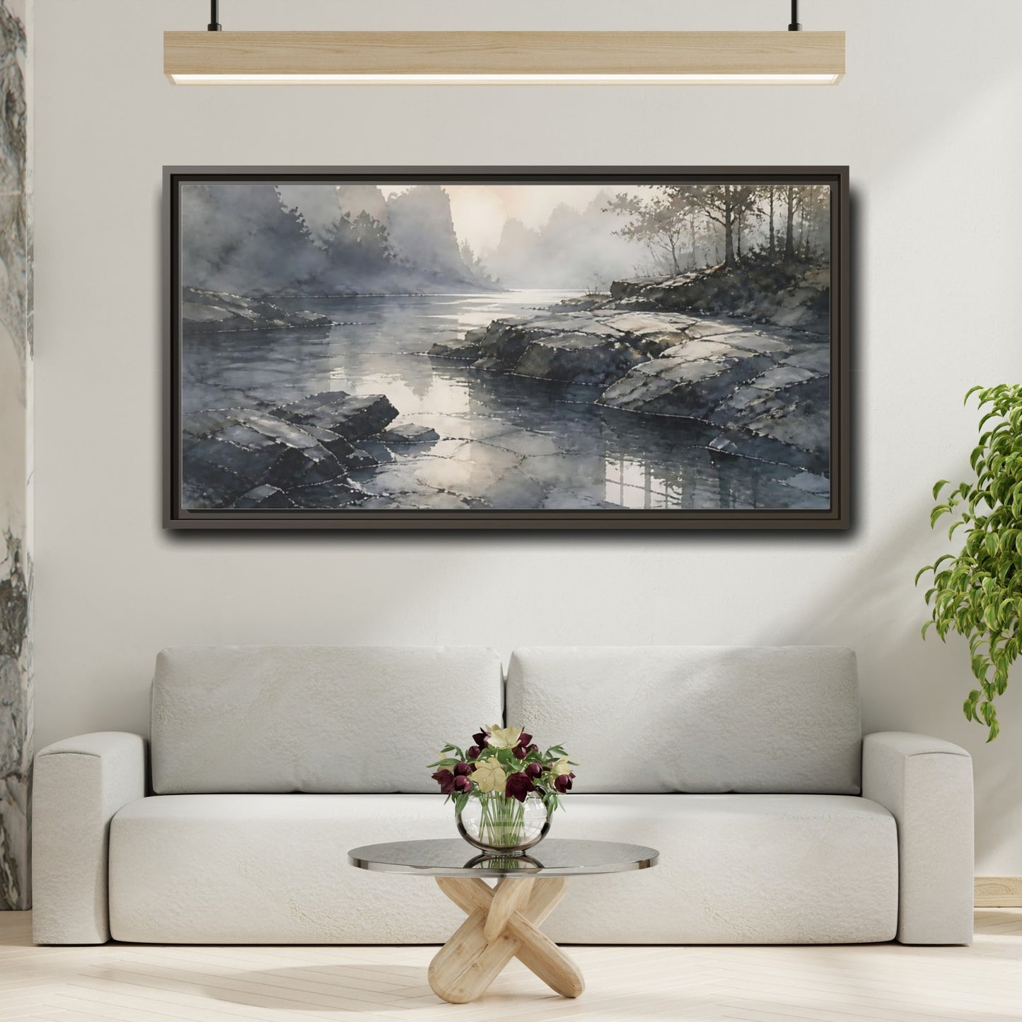 Mockup 2. Misty Rock Shoreline shown as framed canvas print