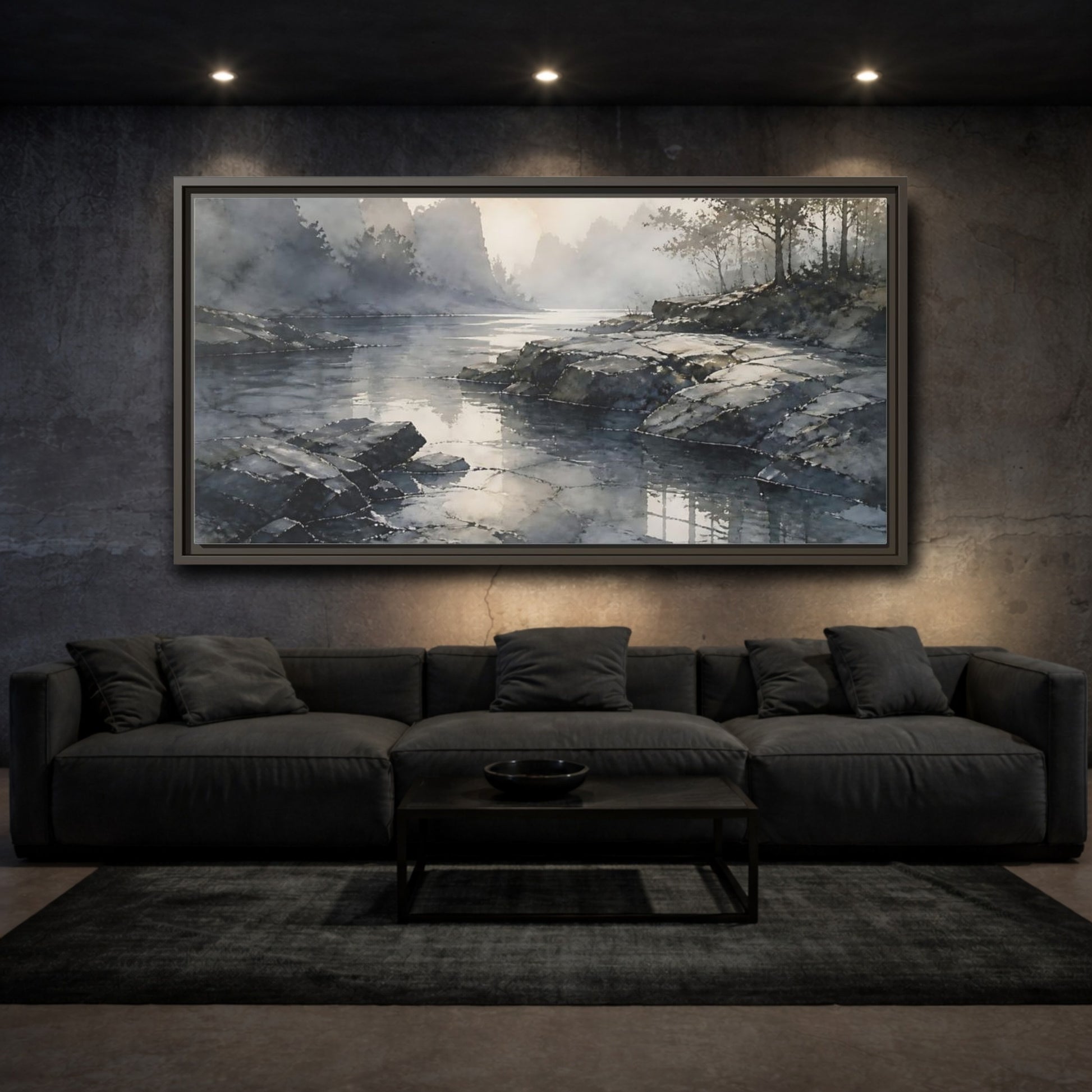 Mockup 3. Misty Rock Shoreline shown as framed canvas print